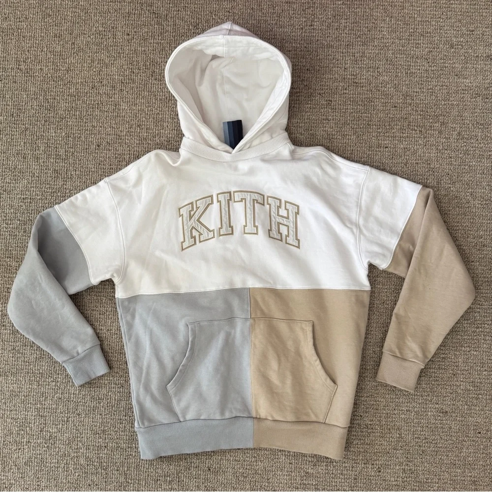 Kith Unisex Hoodie Color-block College Sweatshirt in White, Gray, Tan - Picture 1 of 13
